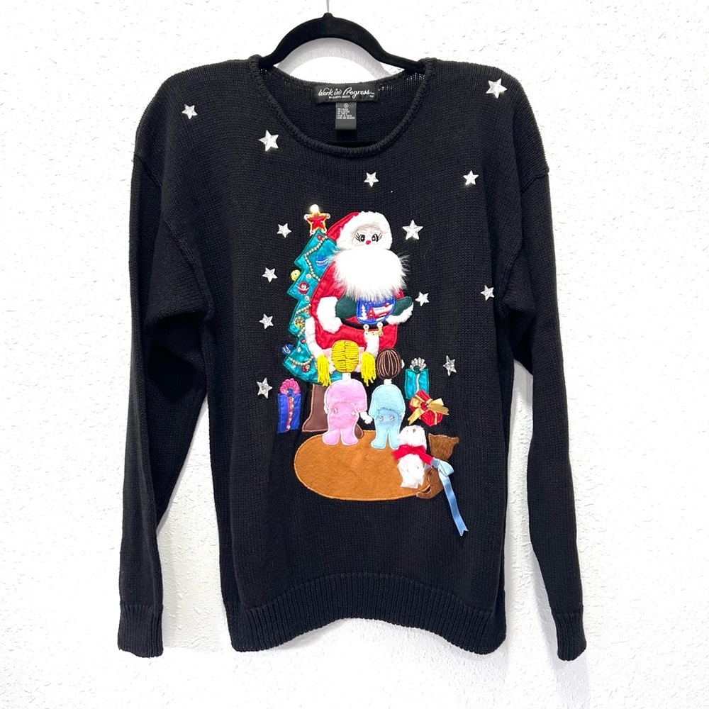 Festive Black Sweater with Santa, children, pets and Star Design‎ M